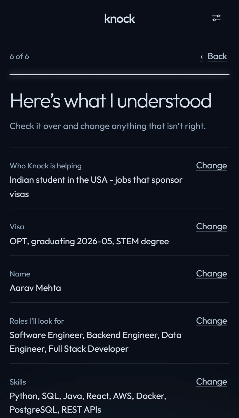 The “Here’s what I understood” screen, listing visa status, name, roles to look for and skills, each with a Change link.