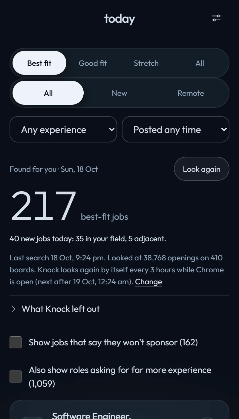 Knock docked in the Chrome side panel: the Today screen shows 217 best-fit jobs found for you, with tabs for Best fit, Good fit and Stretch.